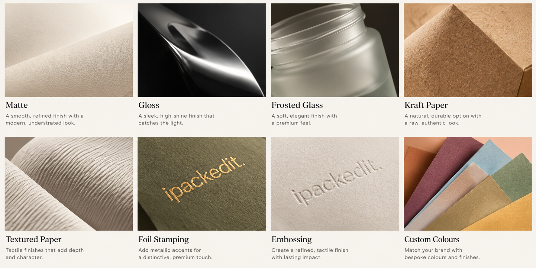 A selection of textured packaging papers and finishes