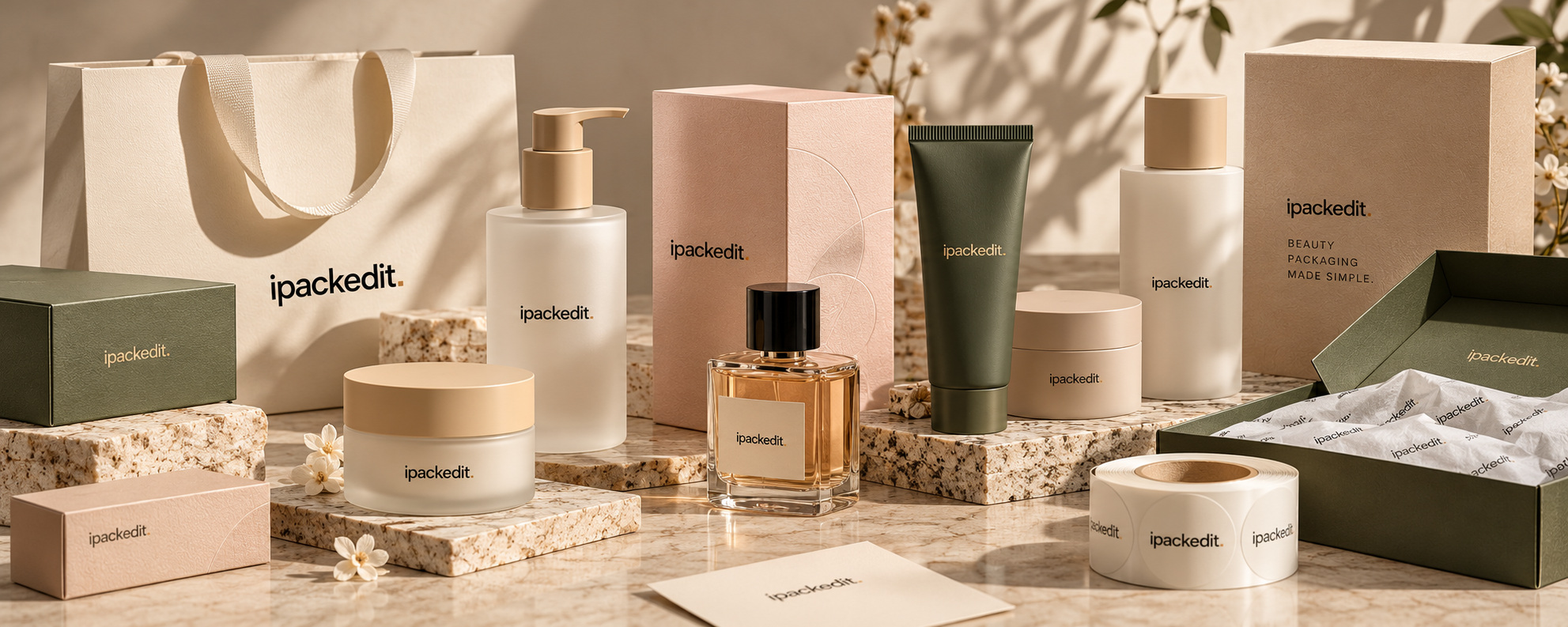 Custom cream beauty bottles, fragrance, bags and boxes styled on warm stone